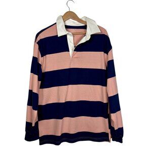 Target Men's Original Use Size M Baby Pink and Navy Blue Striped Collared Shirt